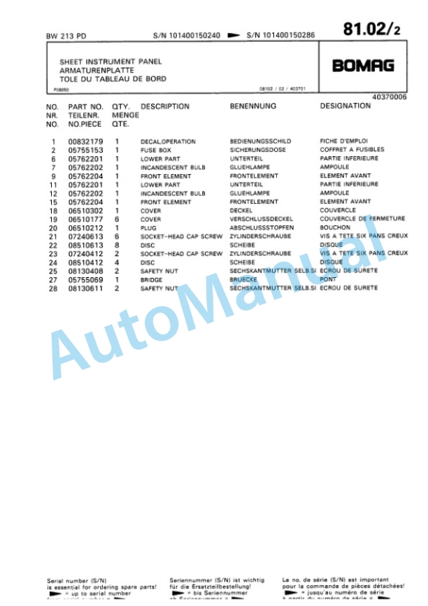 Bomag BW 213 PD Single Drum Wheel Drive Vibratory Roller Spare Parts Catalogue 00810149 4 Bomag BW 213 PD Single Drum Wheel Drive Vibratory Roller Spare Parts Catalogue 00810149-4