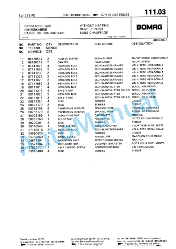 Bomag BW 213 PD Single Drum Wheel Drive Vibratory Roller Spare Parts Catalogue 00810149 5 Bomag BW 213 PD Single Drum Wheel Drive Vibratory Roller Spare Parts Catalogue 00810149-5