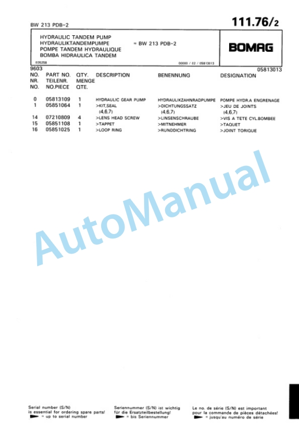 Bomag BW 213 PDH-2, BW 213 PDB-2 Single Drum Wheel Drive Vibratory Roller Spare Parts Catalogue 00810620 5 Bomag BW 213 PDH-2, BW 213 PDB-2 Single Drum Wheel Drive Vibratory Roller Spare Parts Catalogue 00810620-5