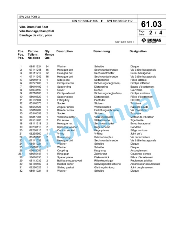 Bomag BW 213 PDH-3 Single Drum Wheel Drive Vibratory Roller Spare Parts Catalogue 00817529 2 Bomag BW 213 PDH-3 Single Drum Wheel Drive Vibratory Roller Spare Parts Catalogue 00817529-2