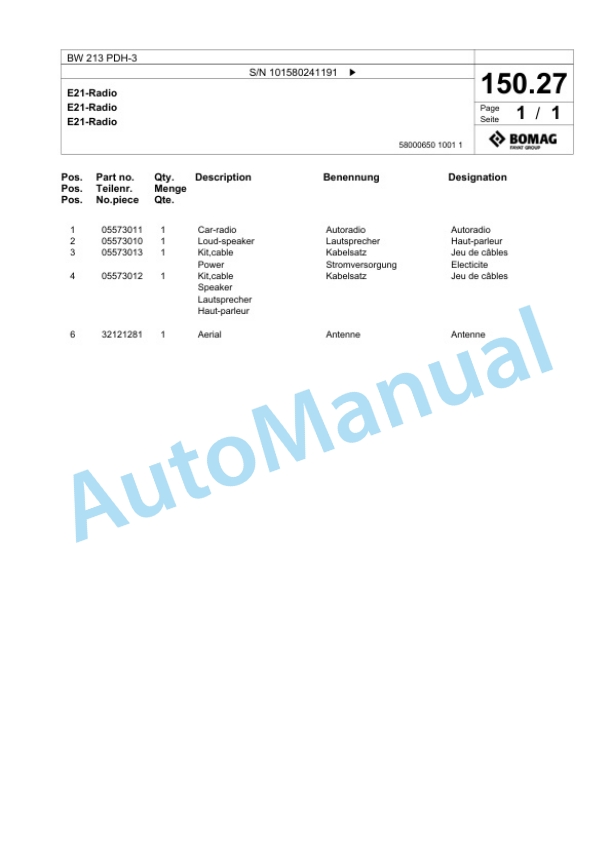 Bomag BW 213 PDH-3 Single Drum Wheel Drive Vibratory Roller Spare Parts Catalogue 00817529 4 Bomag BW 213 PDH-3 Single Drum Wheel Drive Vibratory Roller Spare Parts Catalogue 00817529-4