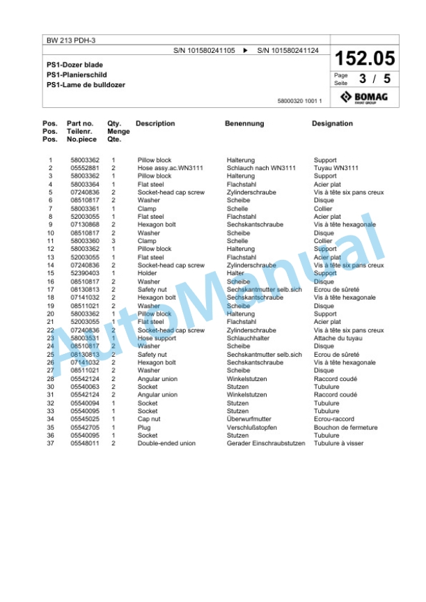 Bomag BW 213 PDH-3 Single Drum Wheel Drive Vibratory Roller Spare Parts Catalogue 00817529 5 Bomag BW 213 PDH-3 Single Drum Wheel Drive Vibratory Roller Spare Parts Catalogue 00817529-5