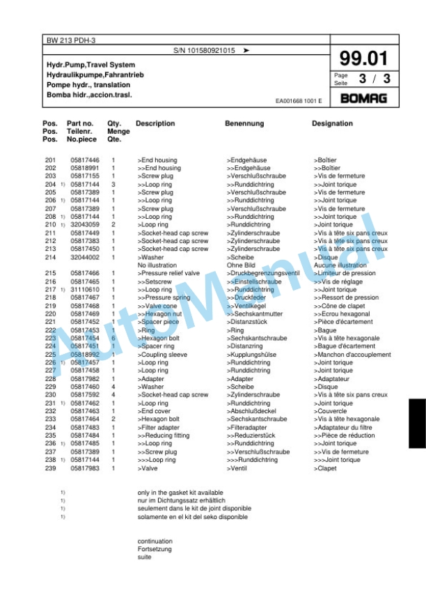 Bomag BW 213 PDH-3 Single Drum Wheel Drive Vibratory Roller Spare Parts Catalogue 00817530 2 Bomag BW 213 PDH-3 Single Drum Wheel Drive Vibratory Roller Spare Parts Catalogue 00817530-2