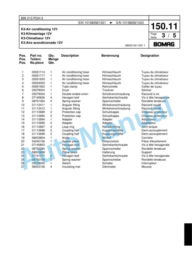 Bomag BW 213 PDH-3 Single Drum Wheel Drive Vibratory Roller Spare Parts Catalogue 00817530 3 Bomag BW 213 PDH-3 Single Drum Wheel Drive Vibratory Roller Spare Parts Catalogue 00817530-3