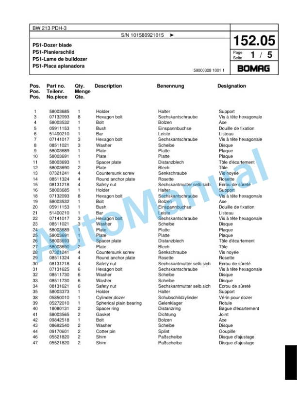 Bomag BW 213 PDH-3 Single Drum Wheel Drive Vibratory Roller Spare Parts Catalogue 00817530 4 Bomag BW 213 PDH-3 Single Drum Wheel Drive Vibratory Roller Spare Parts Catalogue 00817530-4