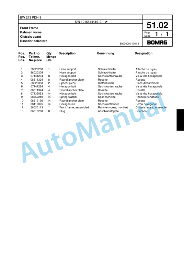 Bomag BW 213 PDH-3 Single Drum Wheel Drive Vibratory Roller Spare Parts Catalogue 00817590 2 Bomag BW 213 PDH-3 Single Drum Wheel Drive Vibratory Roller Spare Parts Catalogue 00817590-2