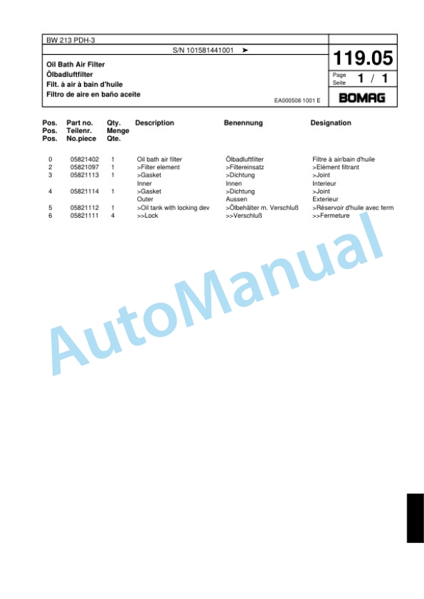 Bomag BW 213 PDH-3 Single Drum Wheel Drive Vibratory Roller Spare Parts Catalogue 00817590 4 Bomag BW 213 PDH-3 Single Drum Wheel Drive Vibratory Roller Spare Parts Catalogue 00817590-4
