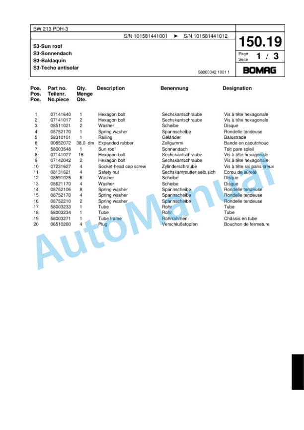 Bomag BW 213 PDH-3 Single Drum Wheel Drive Vibratory Roller Spare Parts Catalogue 00817590 5 Bomag BW 213 PDH-3 Single Drum Wheel Drive Vibratory Roller Spare Parts Catalogue 00817590-5