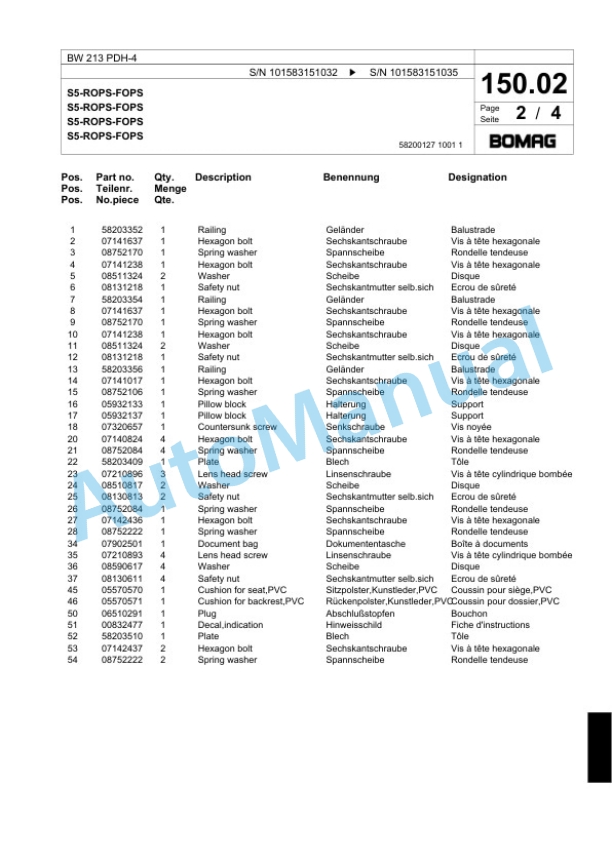 Bomag BW 213 PDH-4 Single Drum Wheel Drive Vibratory Roller Spare Parts Catalogue 00818121 3 Bomag BW 213 PDH-4 Single Drum Wheel Drive Vibratory Roller Spare Parts Catalogue 00818121-3