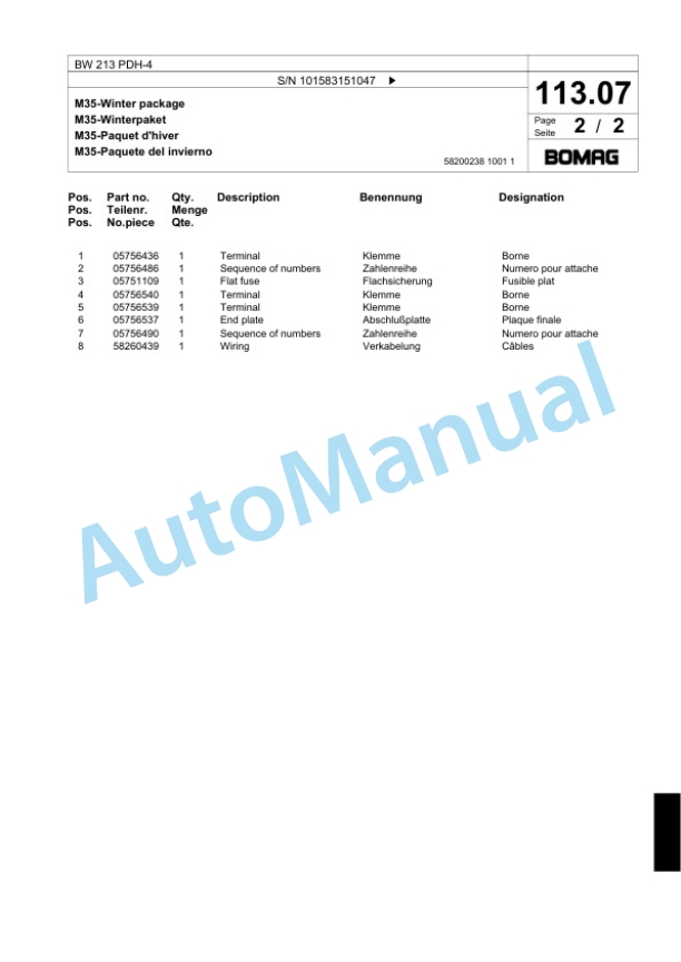 Bomag BW 213 PDH-4 Single Drum Wheel Drive Vibratory Roller Spare Parts Catalogue 00824145 3 Bomag BW 213 PDH-4 Single Drum Wheel Drive Vibratory Roller Spare Parts Catalogue 00824145-3