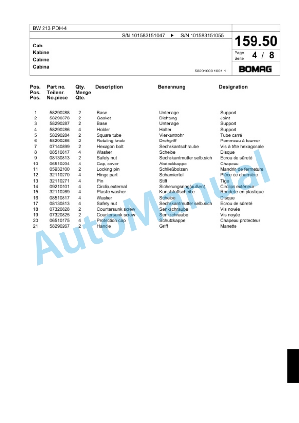 Bomag BW 213 PDH-4 Single Drum Wheel Drive Vibratory Roller Spare Parts Catalogue 00824145 5 Bomag BW 213 PDH-4 Single Drum Wheel Drive Vibratory Roller Spare Parts Catalogue 00824145-5