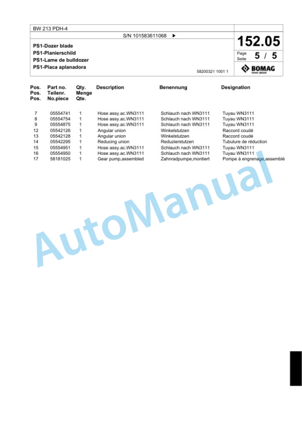 Bomag BW 213 PDH-4 Single Drum Wheel Drive Vibratory Roller Spare Parts Catalogue 00824423 5 Bomag BW 213 PDH-4 Single Drum Wheel Drive Vibratory Roller Spare Parts Catalogue 00824423-5