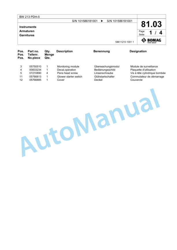 Bomag BW 213 PDH-5 Single Drum Wheel Drive Vibratory Roller Spare Parts Catalogue 00824731 2 Bomag BW 213 PDH-5 Single Drum Wheel Drive Vibratory Roller Spare Parts Catalogue 00824731-2