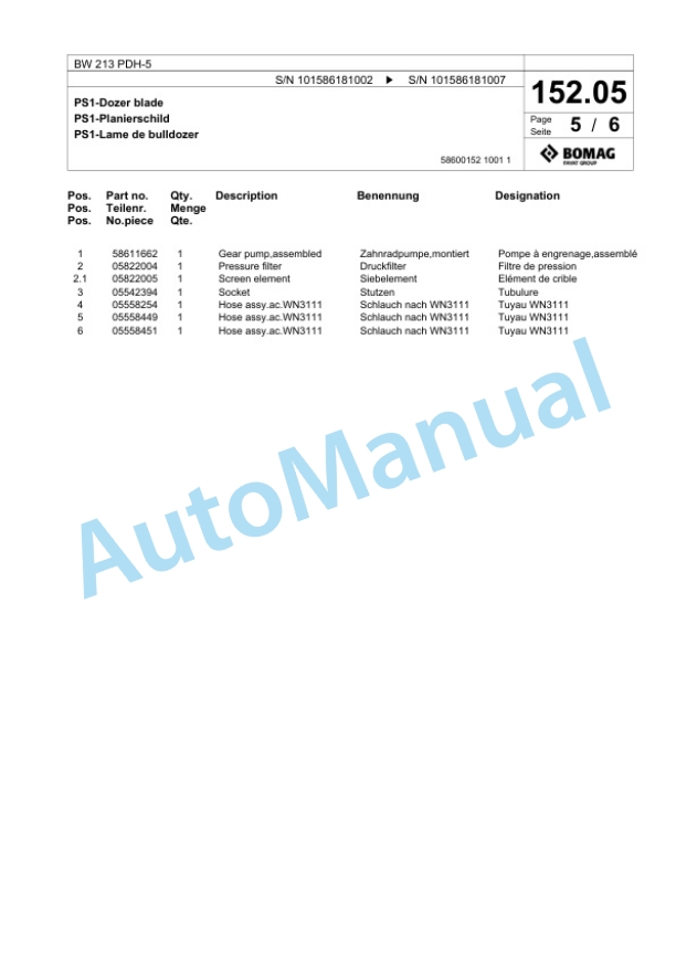 Bomag BW 213 PDH-5 Single Drum Wheel Drive Vibratory Roller Spare Parts Catalogue 00824731 5 Bomag BW 213 PDH-5 Single Drum Wheel Drive Vibratory Roller Spare Parts Catalogue 00824731-5