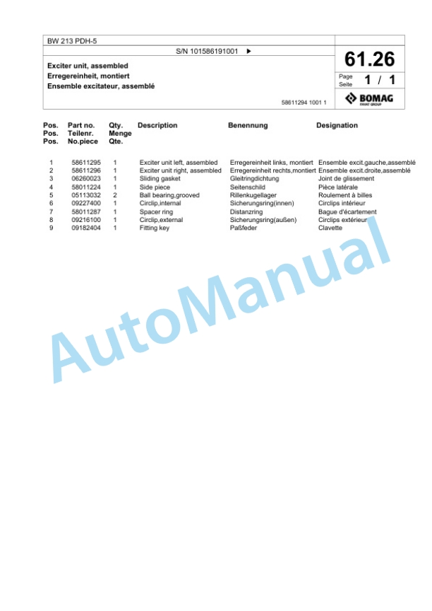 Bomag BW 213 PDH-5 Single Drum Wheel Drive Vibratory Roller Spare Parts Catalogue 00824865 2 Bomag BW 213 PDH-5 Single Drum Wheel Drive Vibratory Roller Spare Parts Catalogue 00824865-2