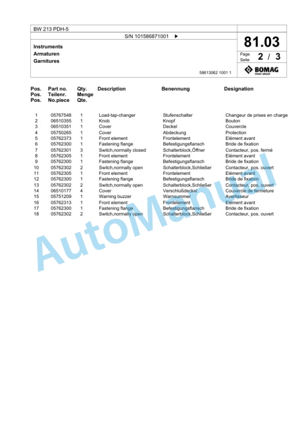 Bomag BW 213 PDH-5 Single Drum Wheel Drive Vibratory Roller Spare Parts Catalogue 00825985 2 Bomag BW 213 PDH-5 Single Drum Wheel Drive Vibratory Roller Spare Parts Catalogue 00825985-2