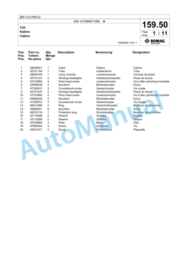 Bomag BW 213 PDH-5 Single Drum Wheel Drive Vibratory Roller Spare Parts Catalogue 00825985 5 Bomag BW 213 PDH-5 Single Drum Wheel Drive Vibratory Roller Spare Parts Catalogue 00825985-5