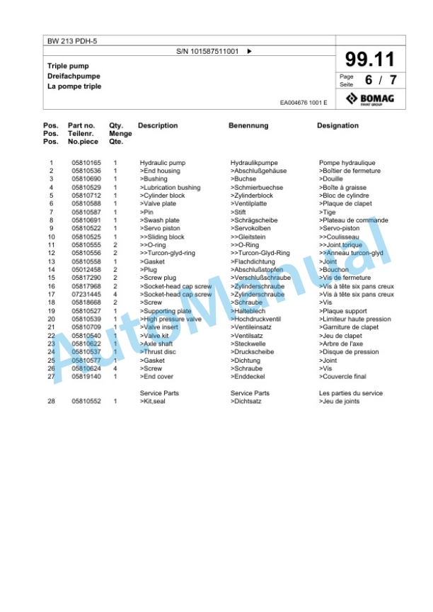 Bomag BW 213 PDH-5 Single Drum Wheel Drive Vibratory Roller Spare Parts Catalogue 00826279 3 Bomag BW 213 PDH-5 Single Drum Wheel Drive Vibratory Roller Spare Parts Catalogue 00826279-3