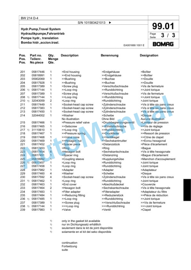 Bomag BW 214 D-4 Single Drum Wheel Drive Vibratory Roller Spare Parts Catalogue 00824165 3 Bomag BW 214 D-4 Single Drum Wheel Drive Vibratory Roller Spare Parts Catalogue 00824165-3