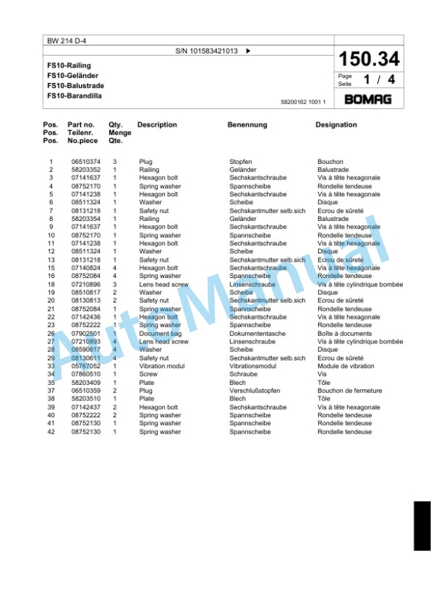 Bomag BW 214 D-4 Single Drum Wheel Drive Vibratory Roller Spare Parts Catalogue 00824165 4 Bomag BW 214 D-4 Single Drum Wheel Drive Vibratory Roller Spare Parts Catalogue 00824165-4