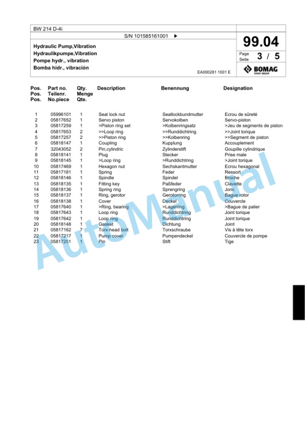 Bomag BW 214 D-4i Single Drum Wheel Drive Vibratory Roller Spare Parts Catalogue 00824457 3 Bomag BW 214 D-4i Single Drum Wheel Drive Vibratory Roller Spare Parts Catalogue 00824457-3