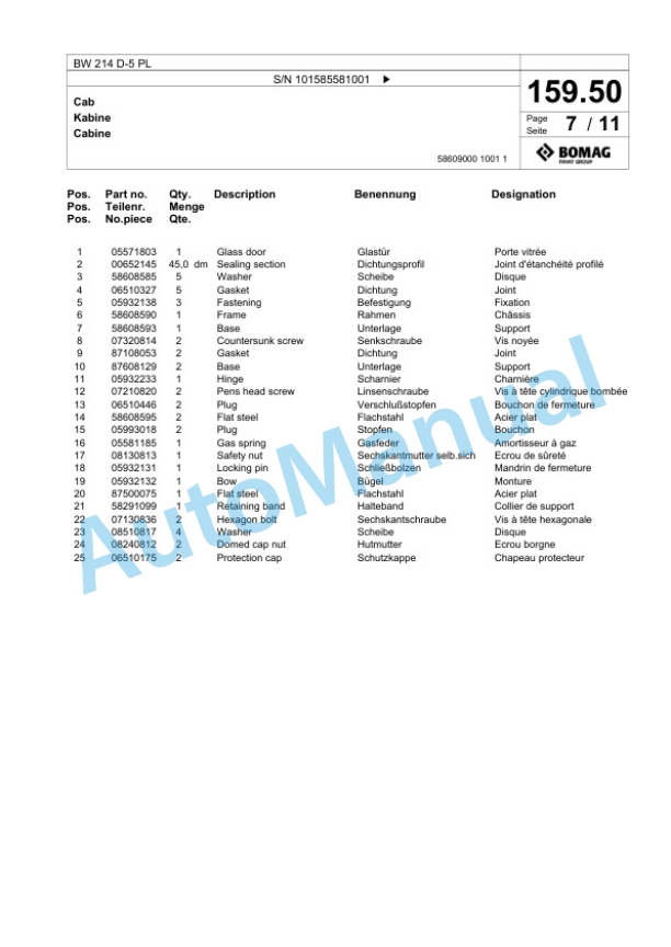 Bomag BW 214 D-5 PL Single Drum Wheel Drive Vibratory Roller Spare Parts Catalogue 00827263 5 Bomag BW 214 D-5 PL Single Drum Wheel Drive Vibratory Roller Spare Parts Catalogue 00827263-5