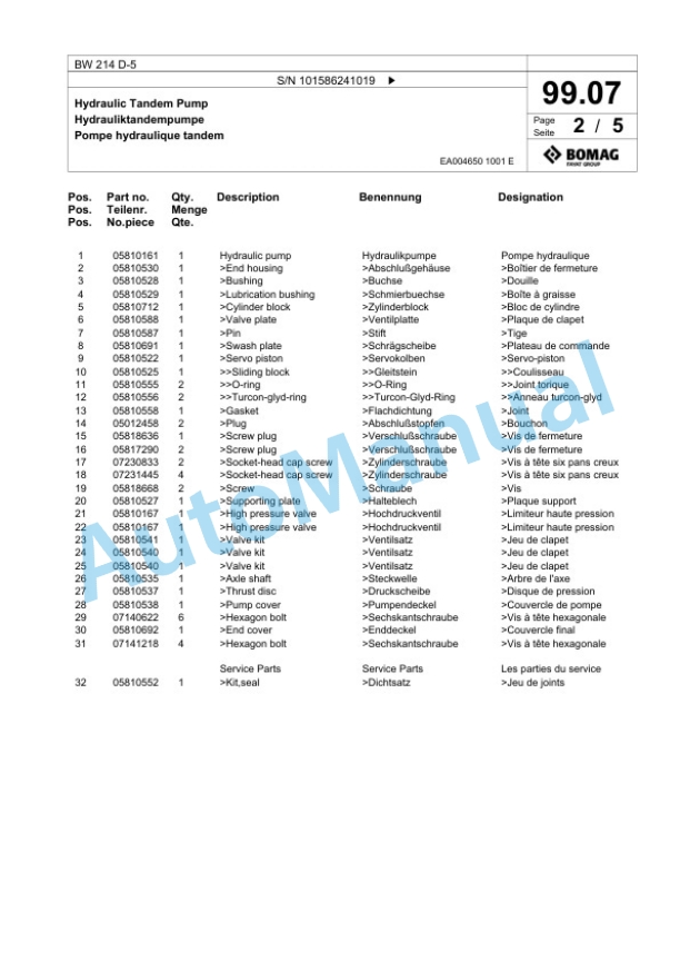 Bomag BW 214 D-5 Single Drum Wheel Drive Vibratory Roller Spare Parts Catalogue 00824813 3 Bomag BW 214 D-5 Single Drum Wheel Drive Vibratory Roller Spare Parts Catalogue 00824813-3