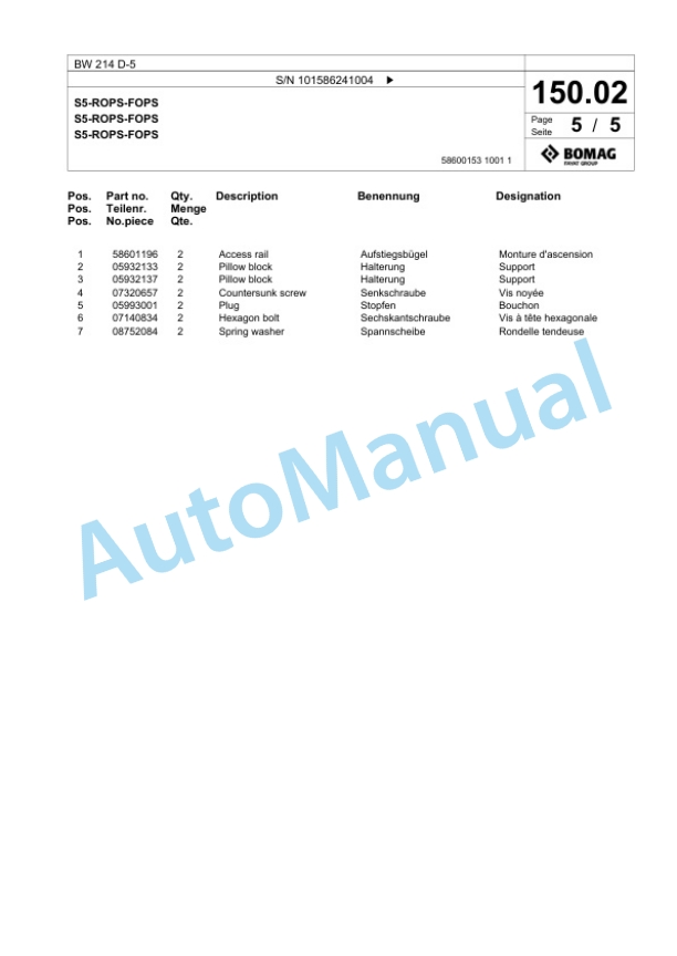 Bomag BW 214 D-5 Single Drum Wheel Drive Vibratory Roller Spare Parts Catalogue 00824813 4 Bomag BW 214 D-5 Single Drum Wheel Drive Vibratory Roller Spare Parts Catalogue 00824813-4