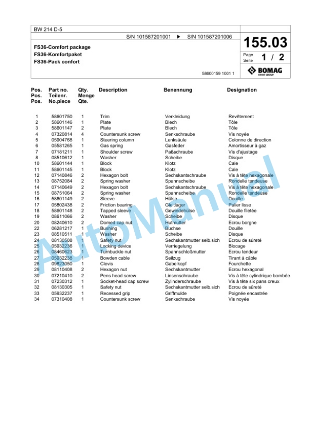 Bomag BW 214 D-5 Single Drum Wheel Drive Vibratory Roller Spare Parts Catalogue 00826073 4 Bomag BW 214 D-5 Single Drum Wheel Drive Vibratory Roller Spare Parts Catalogue 00826073-4