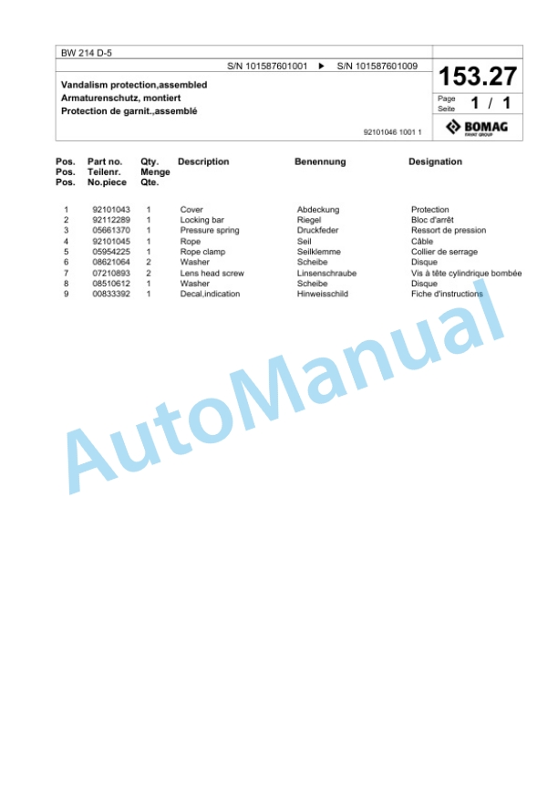 Bomag BW 214 D-5 Single Drum Wheel Drive Vibratory Roller Spare Parts Catalogue 00826359 3 Bomag BW 214 D-5 Single Drum Wheel Drive Vibratory Roller Spare Parts Catalogue 00826359-3