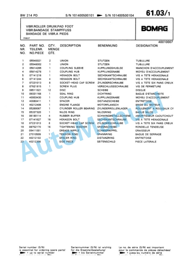 Bomag BW 214 D, BW 214 PD Single Drum Wheel Drive Vibratory Roller Spare Parts Catalogue 00810039 4 Bomag BW 214 D, BW 214 PD Single Drum Wheel Drive Vibratory Roller Spare Parts Catalogue 00810039-4