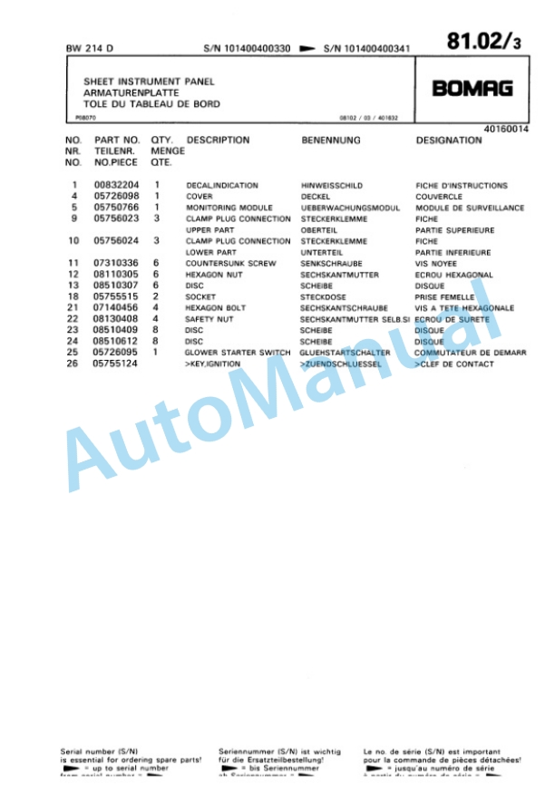 Bomag BW 214 D Single Drum Wheel Drive Vibratory Roller Spare Parts Catalogue 00810139 4 Bomag BW 214 D Single Drum Wheel Drive Vibratory Roller Spare Parts Catalogue 00810139-4