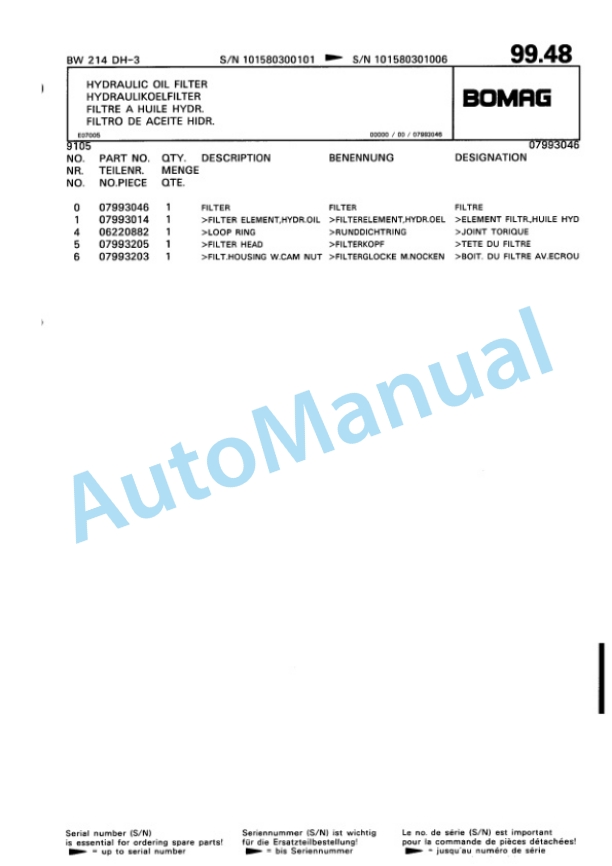 Bomag BW 214 DH-3 Single Drum Wheel Drive Vibratory Roller Spare Parts Catalogue 00815330 3 Bomag BW 214 DH-3 Single Drum Wheel Drive Vibratory Roller Spare Parts Catalogue 00815330-3