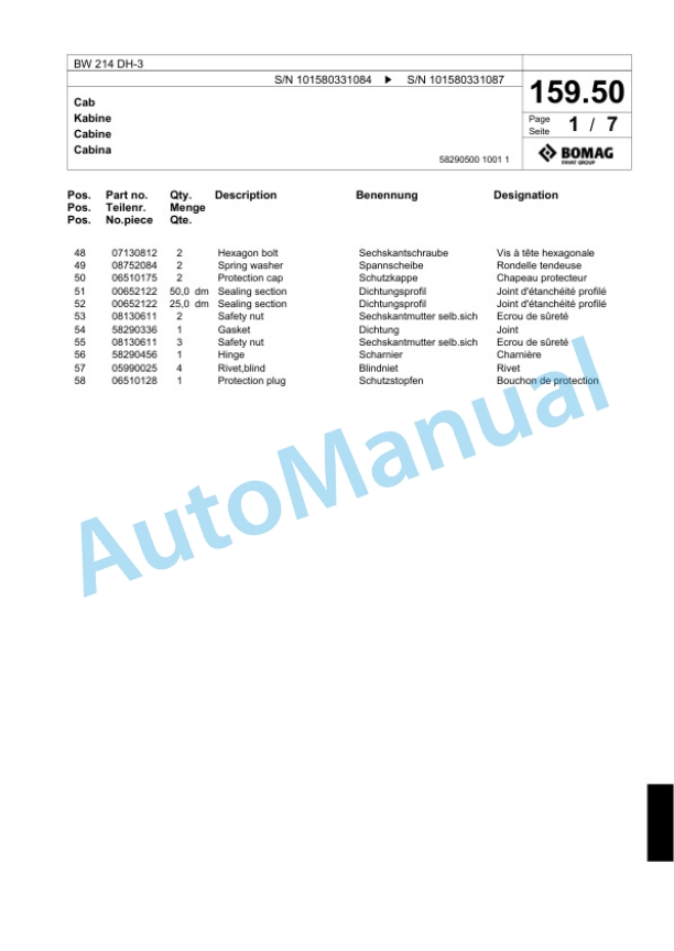 Bomag BW 214 DH-3 Single Drum Wheel Drive Vibratory Roller Spare Parts Catalogue 00817532 4 Bomag BW 214 DH-3 Single Drum Wheel Drive Vibratory Roller Spare Parts Catalogue 00817532-4