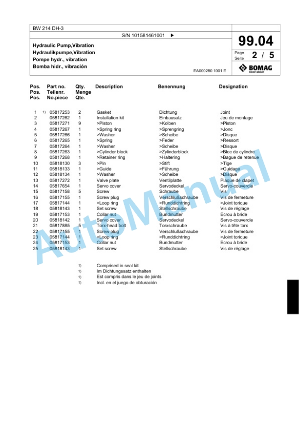Bomag BW 214 DH-3 Single Drum Wheel Drive Vibratory Roller Spare Parts Catalogue 00817592 3 Bomag BW 214 DH-3 Single Drum Wheel Drive Vibratory Roller Spare Parts Catalogue 00817592-3