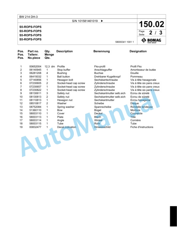 Bomag BW 214 DH-3 Single Drum Wheel Drive Vibratory Roller Spare Parts Catalogue 00817592 4 Bomag BW 214 DH-3 Single Drum Wheel Drive Vibratory Roller Spare Parts Catalogue 00817592-4