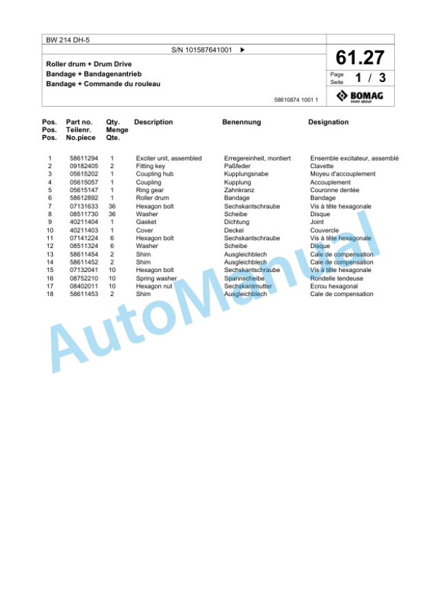 Bomag BW 214 DH-5 Single Drum Wheel Drive Vibratory Roller Spare Parts Catalogue 00826437 2 Bomag BW 214 DH-5 Single Drum Wheel Drive Vibratory Roller Spare Parts Catalogue 00826437-2