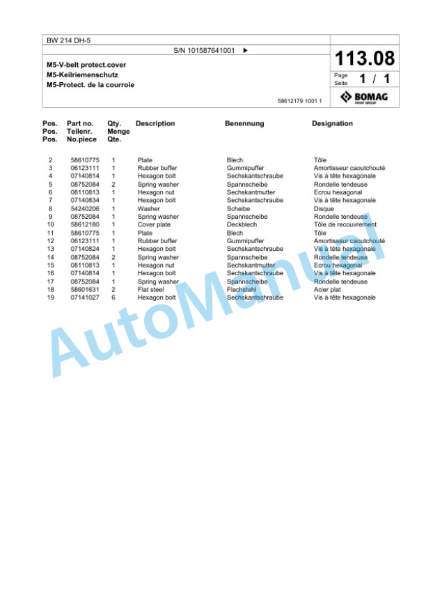 Bomag BW 214 DH-5 Single Drum Wheel Drive Vibratory Roller Spare Parts Catalogue 00826437 3 Bomag BW 214 DH-5 Single Drum Wheel Drive Vibratory Roller Spare Parts Catalogue 00826437-3