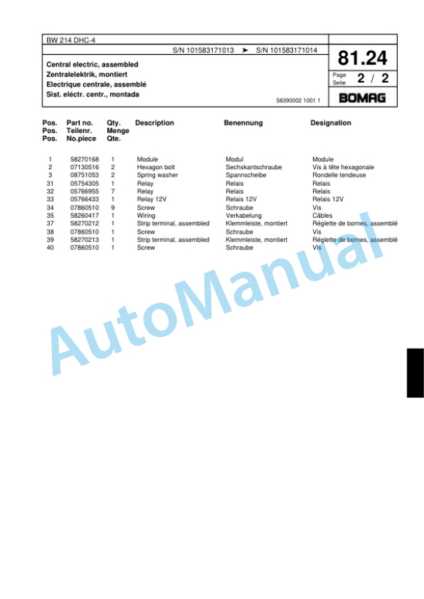 Bomag BW 214 DHC-4 Single Drum Wheel Drive Vibratory Roller Spare Parts Catalogue 00818337 2 Bomag BW 214 DHC-4 Single Drum Wheel Drive Vibratory Roller Spare Parts Catalogue 00818337-2