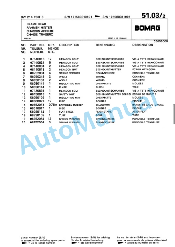 Bomag BW 214 PDH-3 Single Drum Wheel Drive Vibratory Roller Spare Parts Catalogue 00815331 2 Bomag BW 214 PDH-3 Single Drum Wheel Drive Vibratory Roller Spare Parts Catalogue 00815331-2
