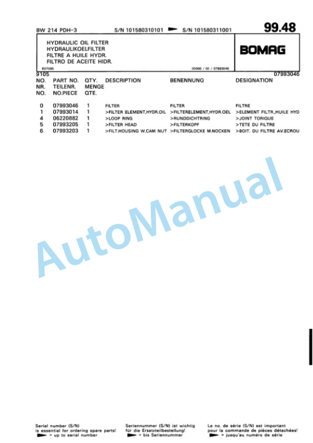 Bomag BW 214 PDH-3 Single Drum Wheel Drive Vibratory Roller Spare Parts Catalogue 00815331 3 Bomag BW 214 PDH-3 Single Drum Wheel Drive Vibratory Roller Spare Parts Catalogue 00815331-3