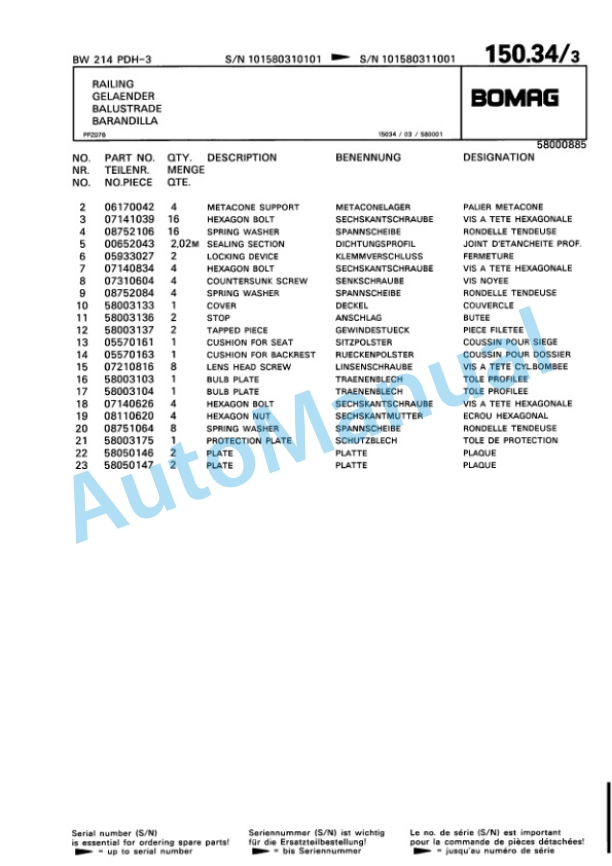 Bomag BW 214 PDH-3 Single Drum Wheel Drive Vibratory Roller Spare Parts Catalogue 00815331 4 Bomag BW 214 PDH-3 Single Drum Wheel Drive Vibratory Roller Spare Parts Catalogue 00815331-4