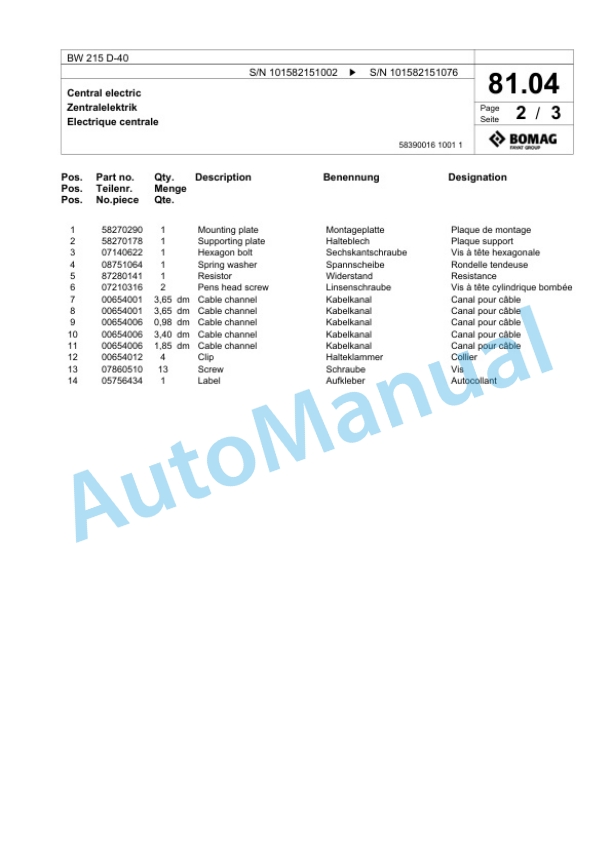 Bomag BW 215 D-40 Single Drum Wheel Drive Vibratory Roller Spare Parts Catalogue 00824167 2 Bomag BW 215 D-40 Single Drum Wheel Drive Vibratory Roller Spare Parts Catalogue 00824167-2