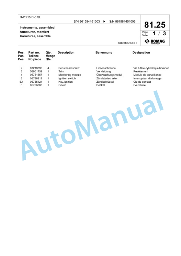 Bomag BW 215 D-5 SL Single Drum Wheel Drive Vibratory Roller Spare Parts Catalogue 00826713 2 Bomag BW 215 D-5 SL Single Drum Wheel Drive Vibratory Roller Spare Parts Catalogue 00826713-2