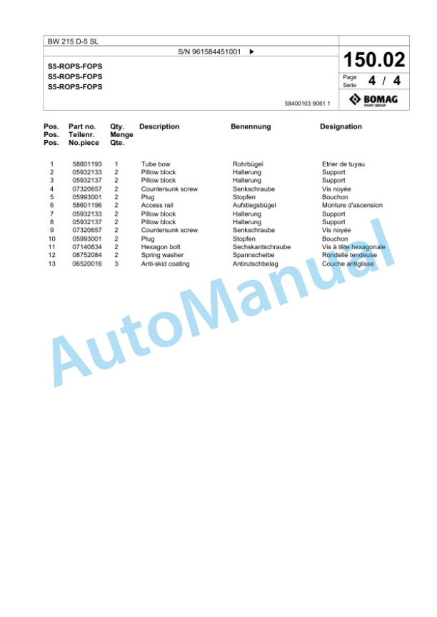 Bomag BW 215 D-5 SL Single Drum Wheel Drive Vibratory Roller Spare Parts Catalogue 00826713 3 Bomag BW 215 D-5 SL Single Drum Wheel Drive Vibratory Roller Spare Parts Catalogue 00826713-3