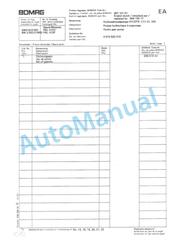 Bomag BW 215 D, BW 215 PD Single Drum Vibratory Roller Spare Parts Catalogue 00814300 3 Bomag BW 215 D, BW 215 PD Single Drum Vibratory Roller Spare Parts Catalogue 00814300-3