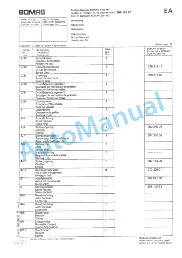 Bomag BW 215 D, BW 215 PD Single Drum Vibratory Roller Spare Parts Catalogue 00814300 4 Bomag BW 215 D, BW 215 PD Single Drum Vibratory Roller Spare Parts Catalogue 00814300-4