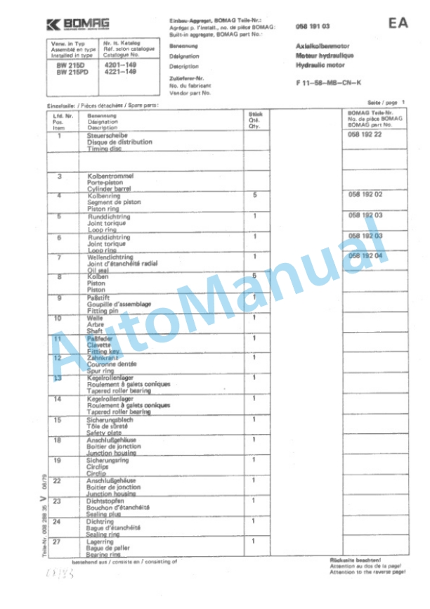 Bomag BW 215 D, BW 215 PD Single Drum Vibratory Roller Spare Parts Catalogue 00814300 5 Bomag BW 215 D, BW 215 PD Single Drum Vibratory Roller Spare Parts Catalogue 00814300-5