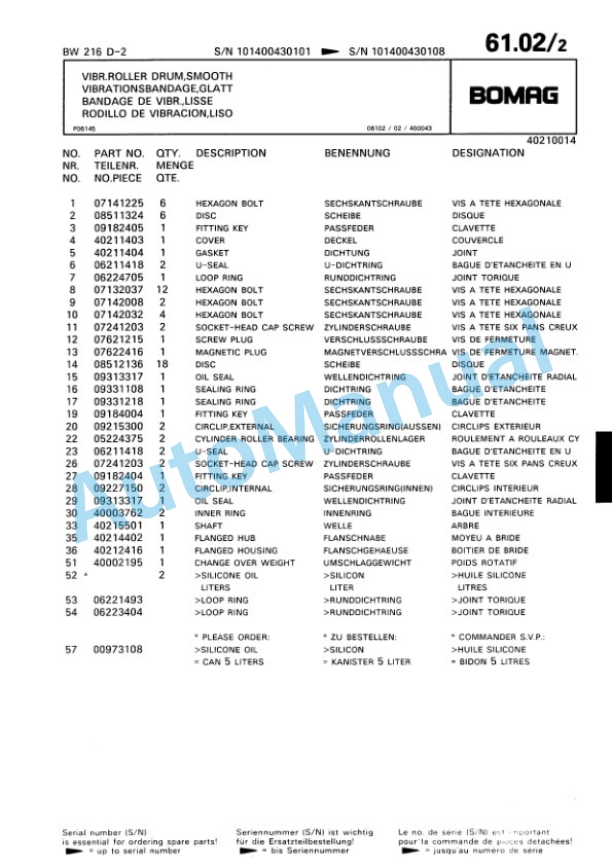 Bomag BW 216 D-2 Single Drum Wheel Drive Vibratory Roller Spare Parts Catalogue 00810643 4 Bomag BW 216 D-2 Single Drum Wheel Drive Vibratory Roller Spare Parts Catalogue 00810643-4