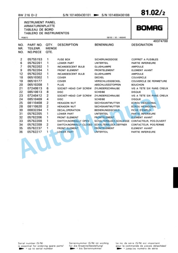Bomag BW 216 D-2 Single Drum Wheel Drive Vibratory Roller Spare Parts Catalogue 00810643 5 Bomag BW 216 D-2 Single Drum Wheel Drive Vibratory Roller Spare Parts Catalogue 00810643-5